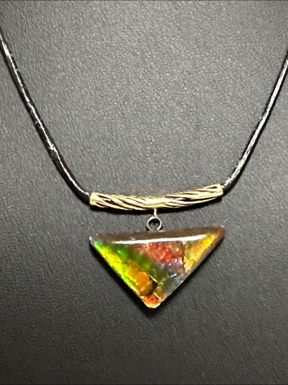 Ammolite Shell Triangular Pendant On Black Cord Necklace